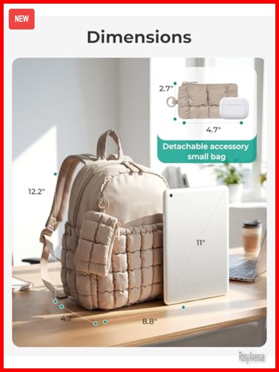Puffy Checkered Quilted Mini Backpack with Detachable Pouch, Water-Resistant main image 5